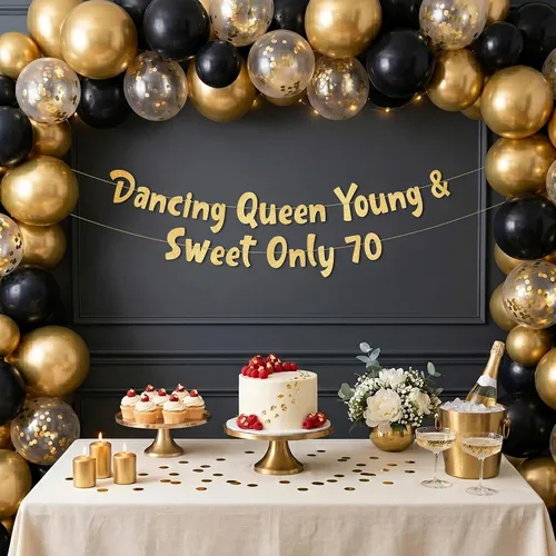 Vista 4 de Cartel con purpurina dorada preencordada con la reina bailarina Young & Sweet Only 70 – Decoraciones de cumpleaños 70 para hombres y mujeres