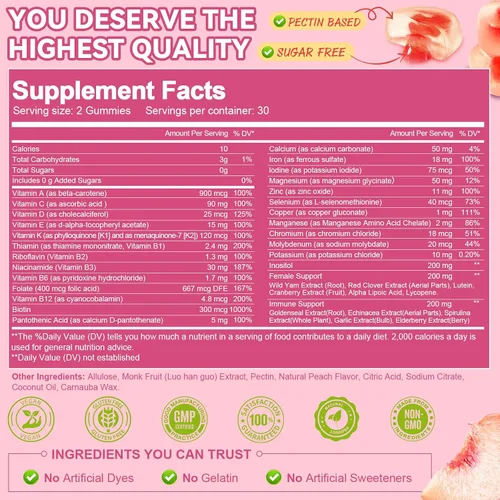 Vista 4 de Totaria Gomitas multivitamínicas sin azúcar para mujeres mayores de 14 años con hierro, inositol, folato, biotina, gomitas multivitamínicas diarias