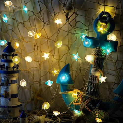 Vista 5 de Guirnalda de luces con temática oceánica, 30 luces LED de hadas de conchas de mar de 10 pies, 1 unidad 8 modos de iluminación, USB y batería