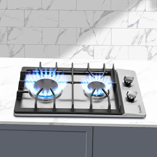 Vista 7 de Placa de cocina de gas de 12 pulgadas, estufa de 2 quemadores, estufa de acero inoxidable integrada con parte superior convertible de gas
