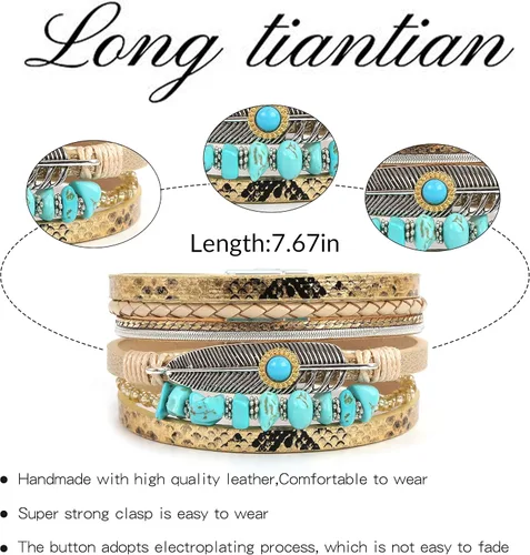 Vista 4 de Long tiantian Pulseras para mujer, joyería turquesa de moda para mujer, pulsera de múltiples hebras, pulseras de cuero para mujer, pulseras