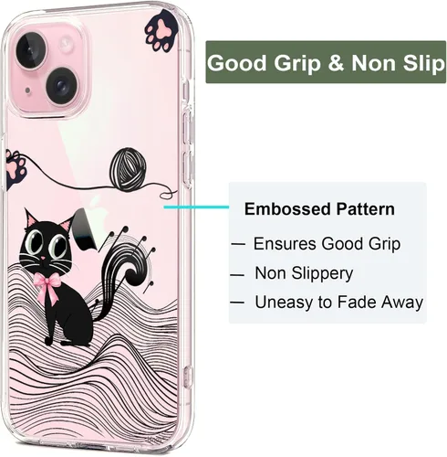 Vista 4 de Unov for iPhone 15 Case, Clear with Design, Slim Fit Good Grip, Embossed Phone Case, Shockproof Protective Cover, Raised Camera Protection, Soft