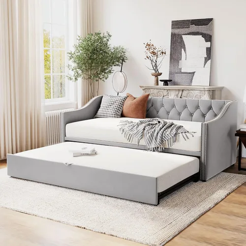 Vista 3 de Harper & Bright Designs Sofá cama extensible de terciopelo de tamaño individual con nido desplegable, marco de sofá cama individual a King con Gris