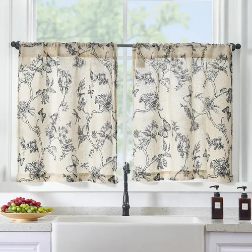 Vista 11 de Lazzzy Cortinas de lino floral verde con bolsillo para barra de granja, 50 Charlotte Verde