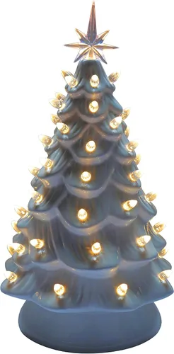 Vista 4 de Árbol de Navidad de cerámica de mesa preiluminado pintado a mano de 15 pulgadas - Decoración navideña con luces blancas - Centro de mesa perfecto