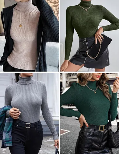 Vista 4 de Ekouaer Camisas de cuello alto para mujer, de manga larga, suéter de punto acanalado, camisetas térmicas, ligeras, tallas S-XXL