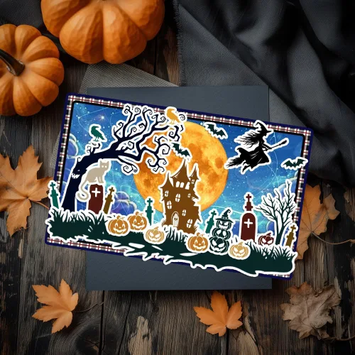 Vista 6 de ORIGACH Escenas de Halloween, sellos transparentes y troqueles de corte para hacer tarjetas, juego de sellos de silicona transparente de Halloween