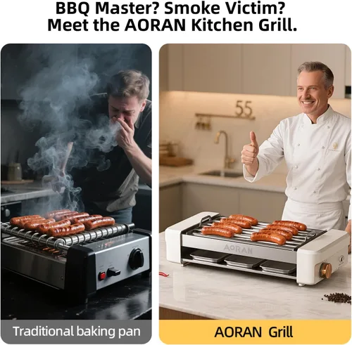 Vista 4 de AORAN - Parrilla eléctrica para interiores sin humo, parrilla de encimera de 800 W con platos de cocina antiadherentes extraíbles y estante