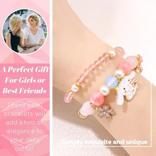 Vista 4 de BONL Lindas pulseras kawaii, lindas pulseras Kawaii de anime, regalos para niñashermanasniñosmejores amigas, cuentas de cristal de perlas