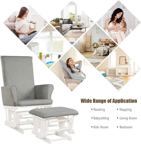 Vista 9 de Costzon Juego de cojín mecedor y otomano para bebé, muebles de madera para bebé, para siestas, lactancia, lectura, deslizador tapizado y silla Gris