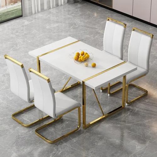 Vista 2 de Ebullient Juego de mesa de comedor para 4, mesa de comedor rectangular y sillas de comedor de piel sintética blanca, juego de mesa de comedor de 5