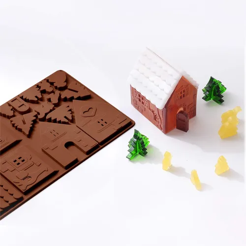 Vista 3 de Whaline Christams - Bandeja para hornear de casa de jengibre, moldes de silicona para postres, chocolate, dulces, galletas (2 piezas)