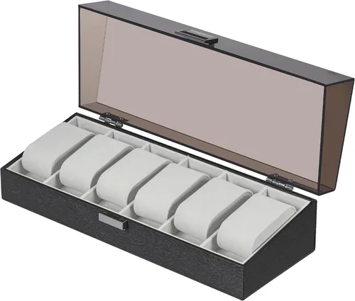 Vista 9 de Hzuaneri Caja de reloj, regalos de Navidad, caja de reloj de 6 ranuras con tapa acrílica grande, almohadas de reloj extraíbles, organizador, regalo