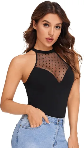 Vista 3 de Verdusa Top halter ajustado sin mangas de malla transparente de contraste para mujer
