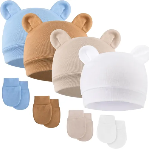 Vista 23 de DRESHOW Gorro de recién nacido con orejas de oso y manoplas, conjuntos de gorro de algodón para prematuros, gorro de bebé para niño y niña, gorro