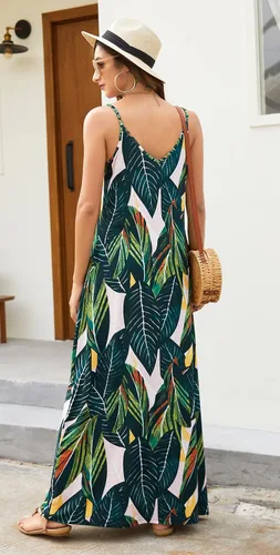 Vista 6 de Supnier - Vestido largo de verano para mujer, vestido flora, informal y bohemio con cuello en V, sin mangas, con tirantes delgados y bolsillos