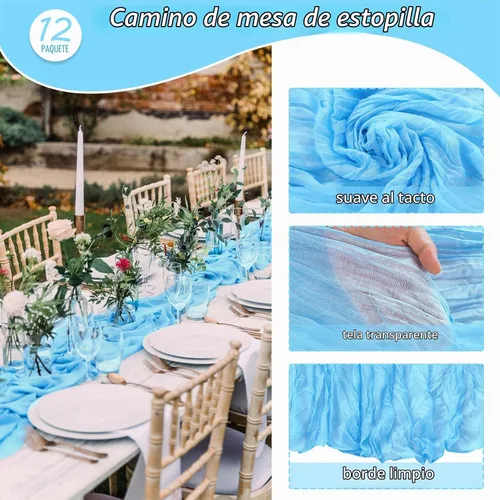 Vista 4 de Pack de 12 caminos de mesa de estopilla de 35x72 pulgadas, bohemio, de gasa, rústico, tela de queso, camino de mesa largo romántico para boda Azul