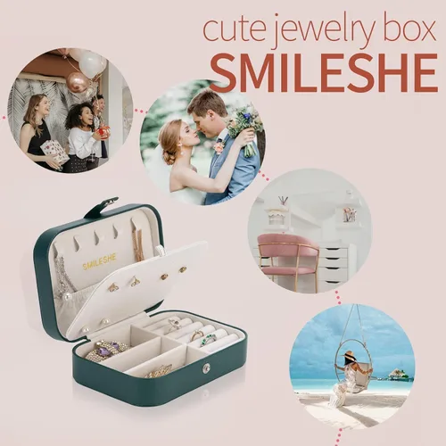 Vista 4 de Smileshe Joyero, estuche de viaje portátil pequeño de piel sintética, organizador de 2 capas, cajas de almacenamiento para anillos, aretes