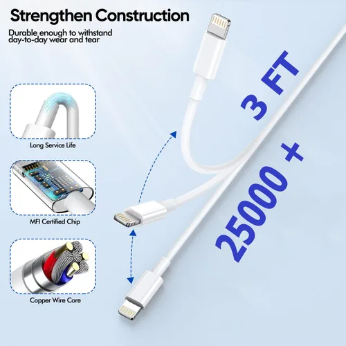 Vista 6 de Cargador de iPhone de carga rápida, paquete de 2 bloques de carga de pared USB C de Apple PD con cable USB-C a Lightning de 3 pies, adaptador tipo C