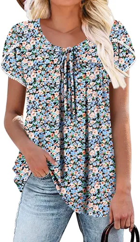 Vista 11 de BETTE BOUTIK Blusas de verano para mujer, plisadas, de manga corta, con cordón, cuello redondo, tallas S-3XL