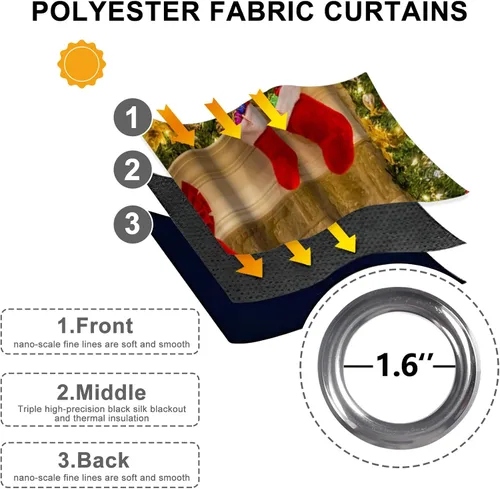 Vista 5 de Cortinas con adornos de Navidad impresos, cortinas para ventana de chimenea, calcetines de Navidad, árboles de Navidad, regalos, paneles opacos