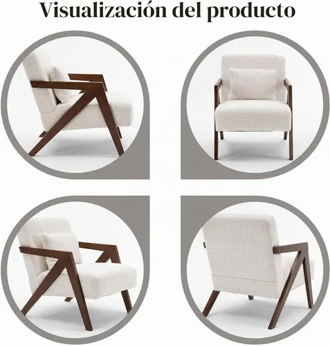 Vista 6 de Silla con acento moderno de mediados de siglo con marco de madera maciza, sillas tapizadas de chenilla para sala de estar con cojín para dormitorio