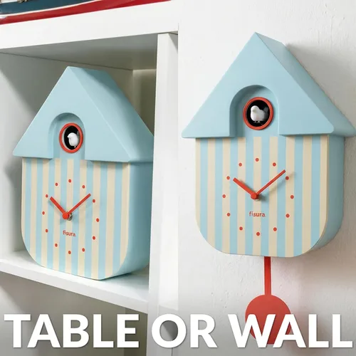 Vista 5 de Fisura - Reloj de pared de cuco a rayas azules y beige con esfera roja - Reloj de pared decorativo moderno, regalo único de decoración del hogar