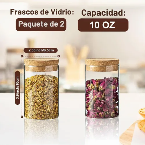 Vista 2 de Recipiente de almacenamiento de vidrio de 10 onzas – Tarros de vidrio herméticos con tapa de corcho, tarros de especias, tarro de caramelo, tarros