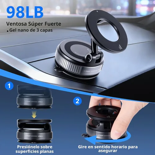 Vista 4 de Soporte magnético para teléfono de coche con succión al vacío, plegable y manos libres, rotación ajustable de 360°, montaje para teléfono
