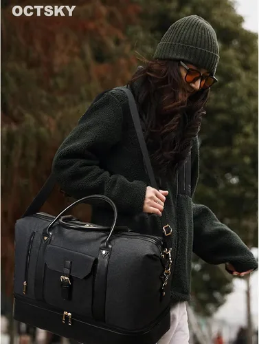 Vista 4 de Bolsa de viaje para fin de semana, grande para mujeres y hombres, bolsa de lona con compartimento para zapatos, perfecta para viajes, uso diario