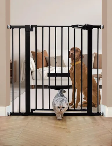 Vista 10 de BABELIO Nueva Versión Puerta de Bebé con Puerta para Gatos Ajustable, Puerta de Mascotas de Metal de 29-40" para Escaleras y Puertas, Montaje a Negro
