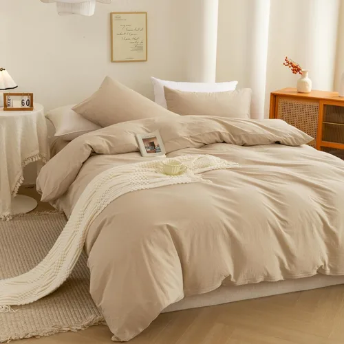 Vista 4 de ECOCOTT Funda de edredón tamaño Queen, 100 % algodón lavado, 1 funda de edredón con cremallera y 2 fundas de almohada, ultra suave y de fácil Beige