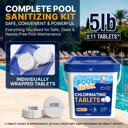 Vista 2 de Tabletas de cloro para piscina Pool Shark - Tabletas de cloro de 3 pulgadas - Tabletas de cloro activo al 90% de disolución lenta - Productos