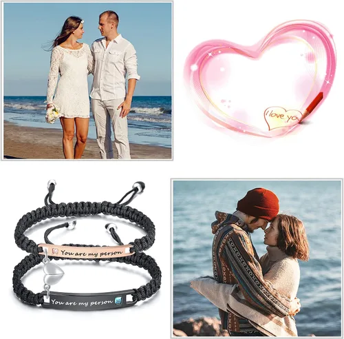 Vista 4 de XUANPAI Pulseras para parejas, personalizadas, hechas a mano, con cuerda trenzada, placa de identificación para mujeres y hombres, Metal, no conocido