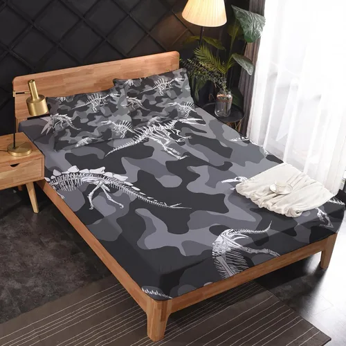 Vista 2 de Sábanas de camuflaje tamaño Queen – Sábanas de cama de fósil de dinosaurio, microfibra suave, bolsillo profundo, sábanas y fundas de almohada