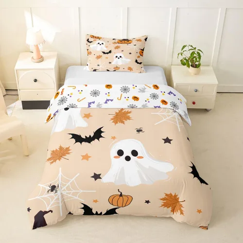 Vista 4 de Erosebridal Funda de edredón de calabaza con diseño de murciélagos para Halloween, juego de ropa de cama con sombrero de bruja, funda de edredón