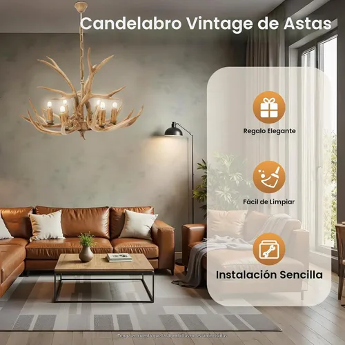 Vista 5 de TFCFL Candelabro de Astas, Lámpara Colgante de 6 Astas Estilo Rústico Retro Candelabro de Cuerno de Ciervo con Base E12, Lámpara de Astas con Altura