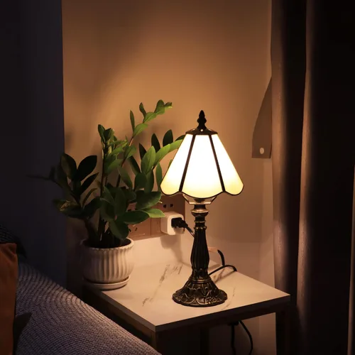Vista 10 de Tiffany Style Table Lamp Blue Rippled Stained Glass Lamp 14 Inch Small Lamp,Desk Lamps,6X6X14 Inch,Bronze Resin Base, Antique Lamp,Mini Accent