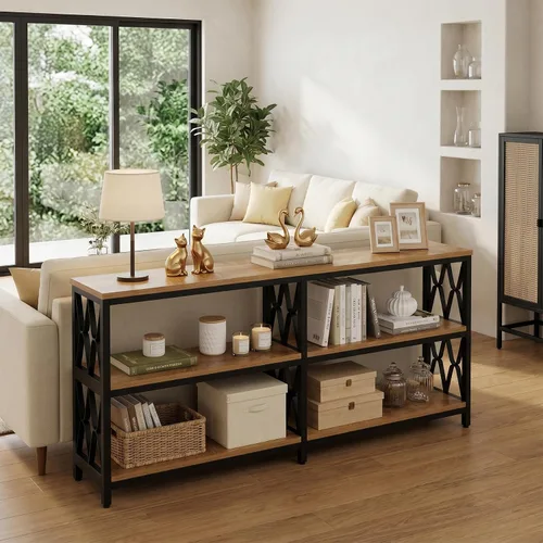 Vista 12 de LITTLE TREE Mesa consola con estantes de almacenamiento, mesa industrial de 3 niveles de 70.9 pulgadas para sala de estar, mesa larga de vestíbulo
