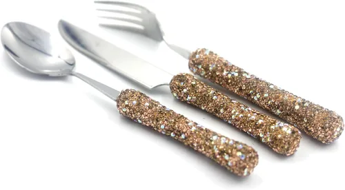 Vista 5 de Juego de utensilios culinarios deslumbrantes con diamantes de imitación brillantes para oficina, almuerzo y viajes (2, dorado)