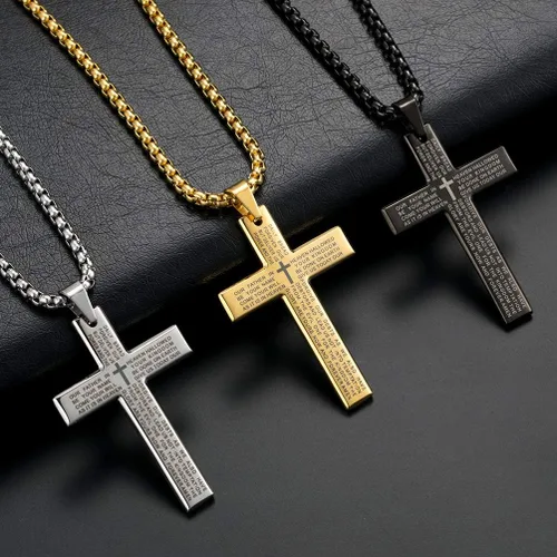 Vista 2 de Collar con colgante de cruz, chapado en oro de 18 quilates, cadena de acero inoxidable, simple sólido pulido cruz collar para hombres y niños