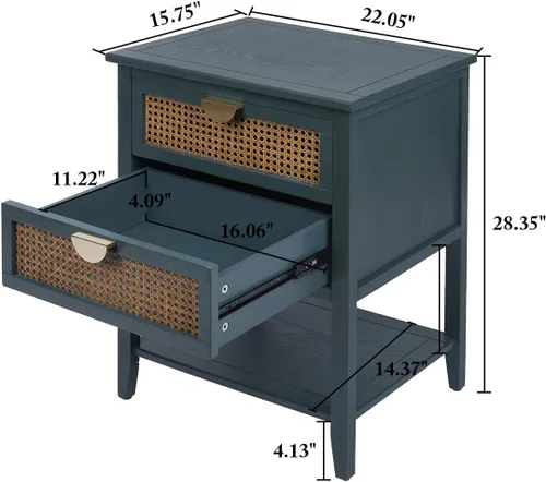 Vista 2 de Mesita de noche de ratán con 2 cajones con asas de metal para sala de estar, dormitorio, lugar pequeño, verde