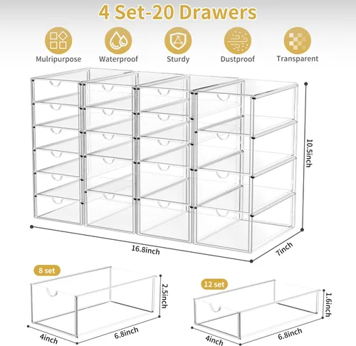 Vista 2 de Organizador de maquillaje acrílico con 20 cajones, juego de 4 cajones de almacenamiento transparentes, organizador de cajones de acrílico