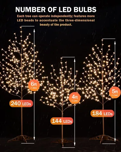Vista 5 de TYBEEU Árbol de cerezo iluminado de 4 pies con 144 luces LED blancas cálidas para decoración de vacaciones, regulable, certificado UL, impermeable