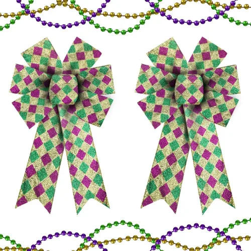 Vista 6 de Estivaux 2 lazos de Mardi Gras para corona, lazos de corona de Mardi Gras con purpurina, lazos de rayas verdes, moradas y doradas, lazos gordos