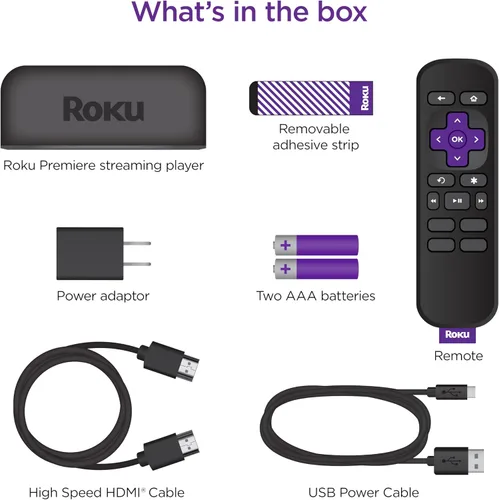 Vista 5 de Roku Premiere Reproductor multimedia de streaming HD/4K/HDR, mando a distancia simple y cable HDMI premium, negro