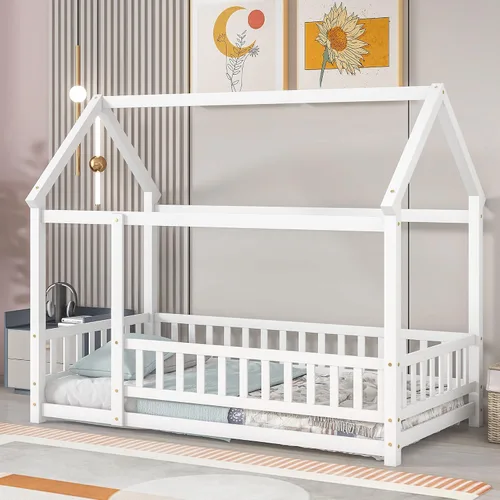 Vista 10 de Cama individual de madera con barandilla de valla para niños y niñas, tienda de campaña con toldo con techo (gris)