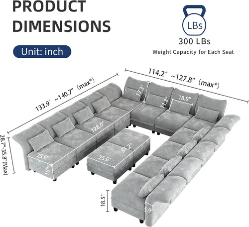 Vista 2 de LLappuil Sofá modular de 14 plazas de 179 pulgadas de ancho de felpilla en forma de U gris para sala de estar con diván reversible y otomana