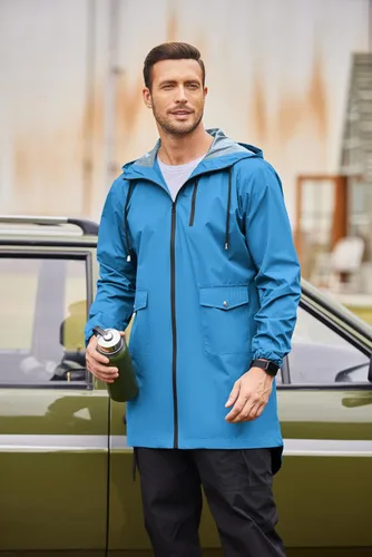 Vista 44 de COOFANDY Chubasquero largo para hombre, chaqueta impermeable para exteriores, con capucha