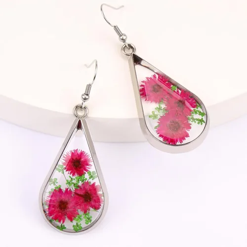 Vista 3 de BaubleStar Pendientes de lágrima de flor prensada, flores secas, gota colgante, joyería de moda